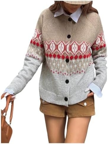 SweatyRocks Women's Button Down Cardigans Geo Print Crewneck Raglan Sleeve Fall Sweater | Amazon (US)