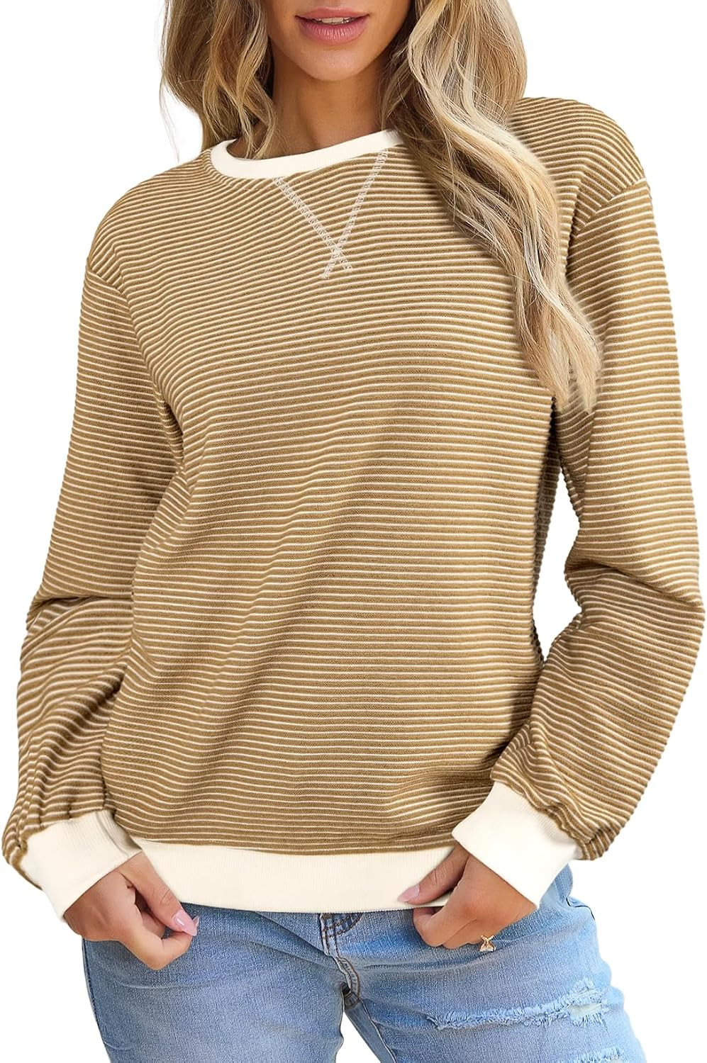 SHEWIN Womens Fall Striped Sweatshirt Crewneck Casual Pullover Tops | Amazon (US)