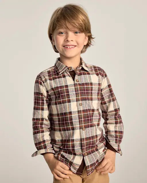 Boys Plaid Flannel Button Up Shirt - Countryside Manor - Cream | Gymboree