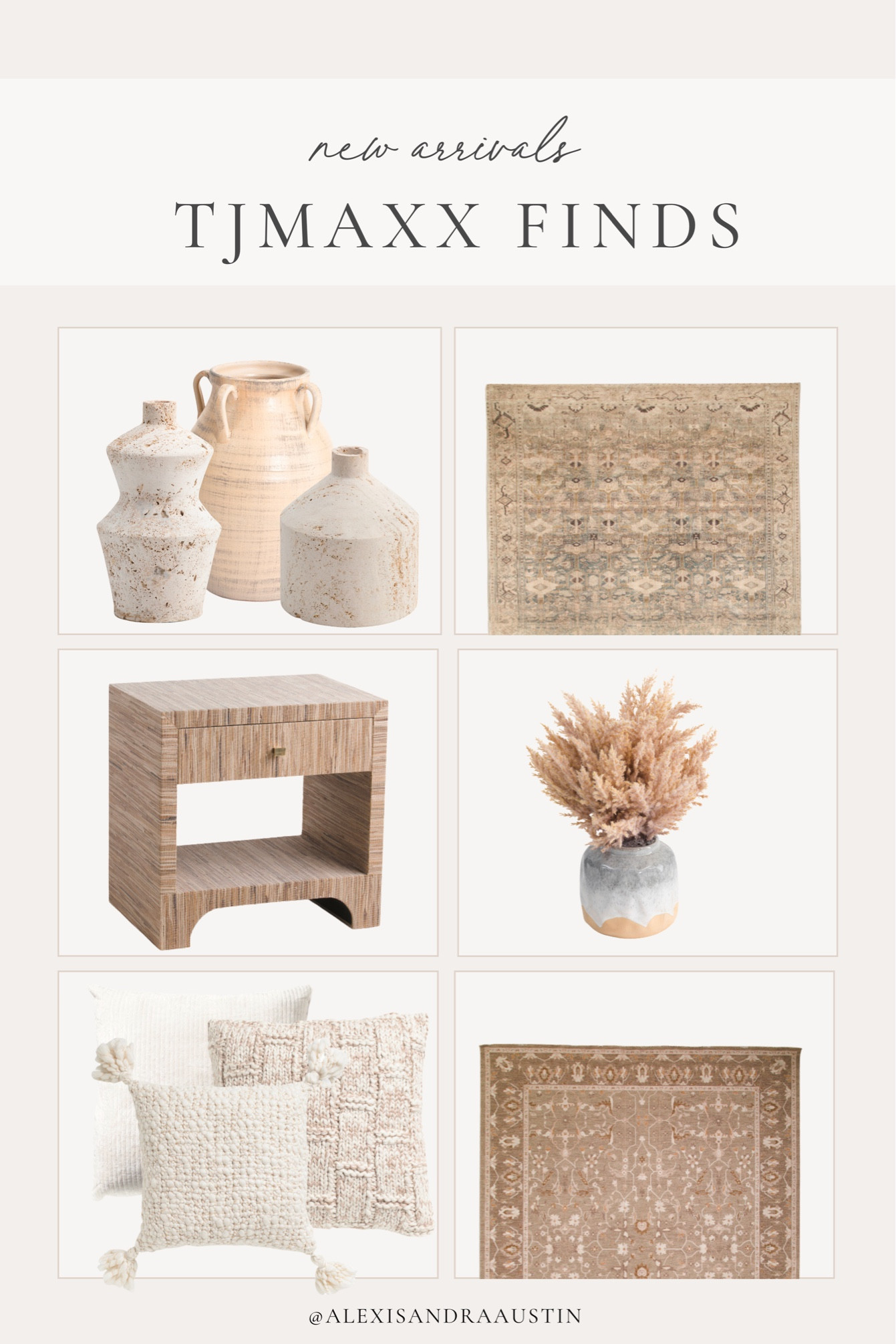 New arrivals from TJ Maxx! Loving these neutral home finds that are great to incorporate into your home refresh. Also really loving these new rugs! 

Home finds, new arrivals, TJ Maxx, light and bright, style inspo, trending home finds, affordable finds, nightstand faves, area rug finds, neutral vase finds, neutral pillow combo, home decor, light and bright, living room refresh, bedroom refresh, shop the look!

#LTKfindsunder100 #LTKhome #LTKstyletip