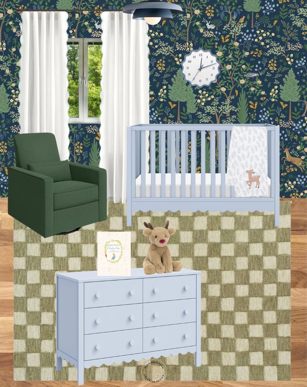 Adorable nursery design! Green checkered rug, light blue crib, green rocker, whimsical wallpaper, blue dresser, striped table lamp and scalloped curtains. #nursery #homedecor 

#LTKBaby #LTKBump #LTKHome
