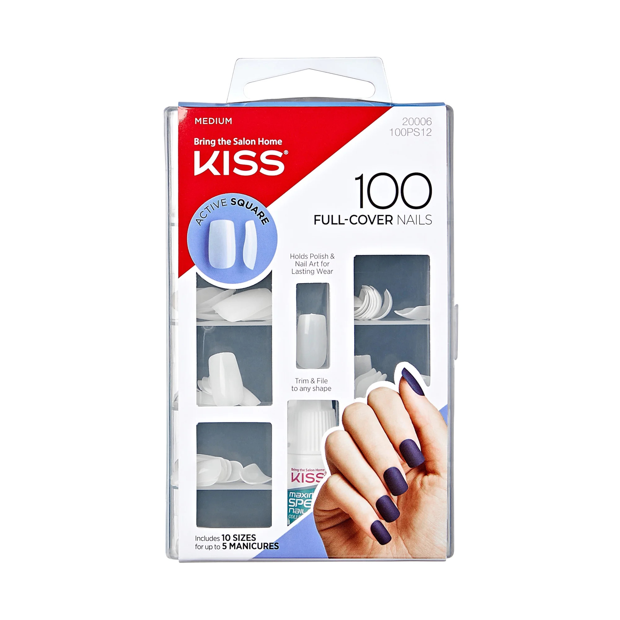 KISS Full-Cover Active Square Medium Square Press-on Nails with Glue, Clear, 100 Pieces | Walmart (US)