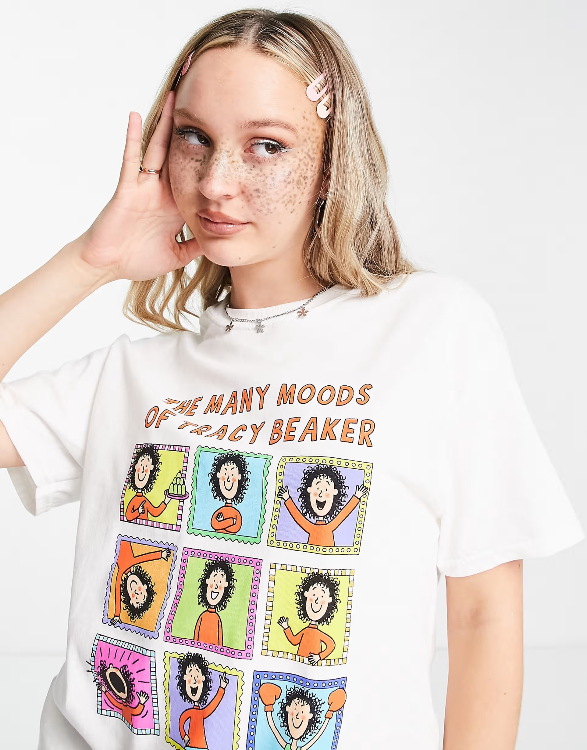 Daisy Street oversized t-shirt with moods of Tracy Beaker in white | ASOS (Global)
