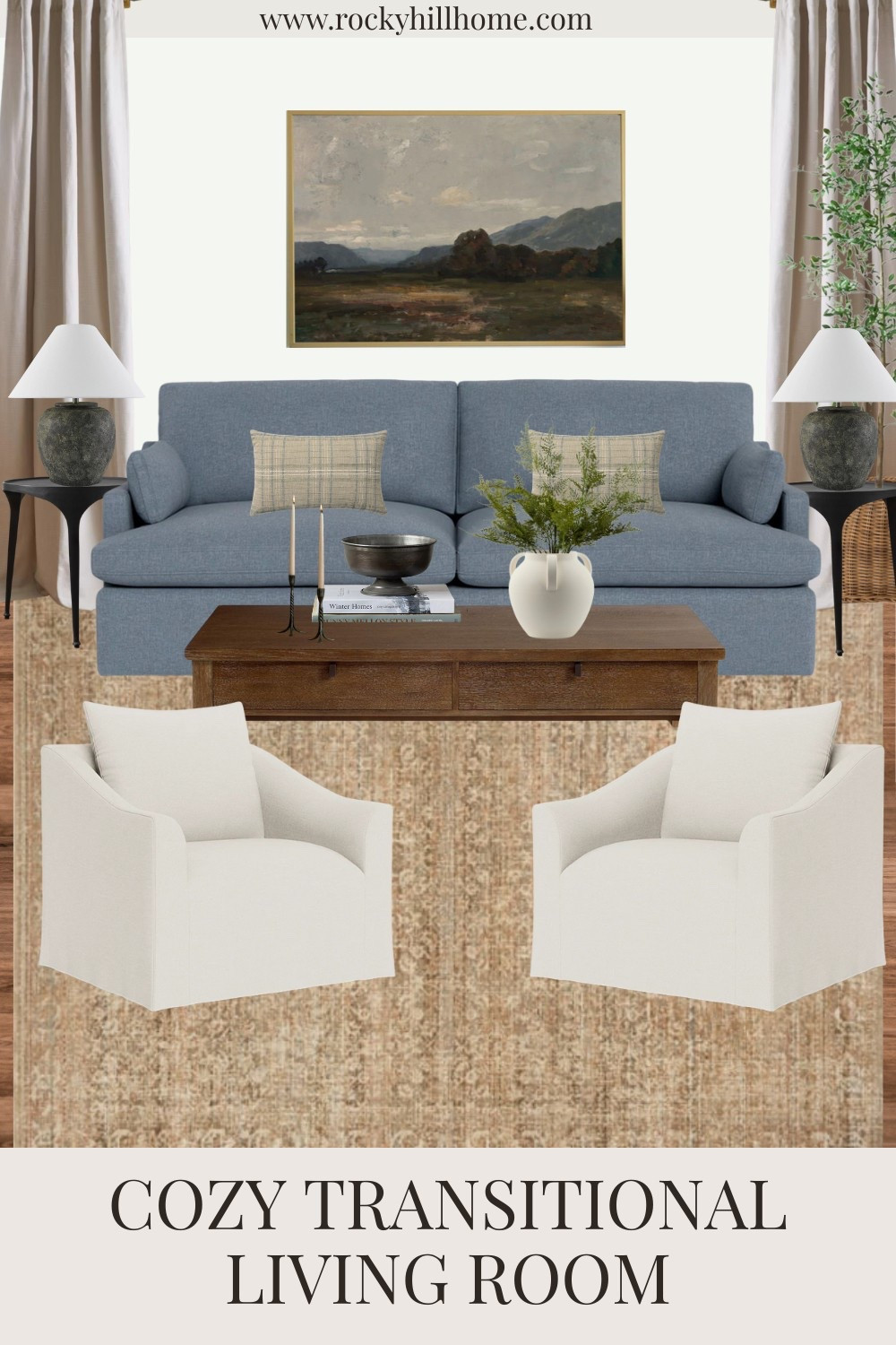 Cozy Transitional Living Room mood board featuring a blue sofa, and light beige slipcovered chairs.

#LTKStyleTip #LTKFindsUnder100 #LTKHome