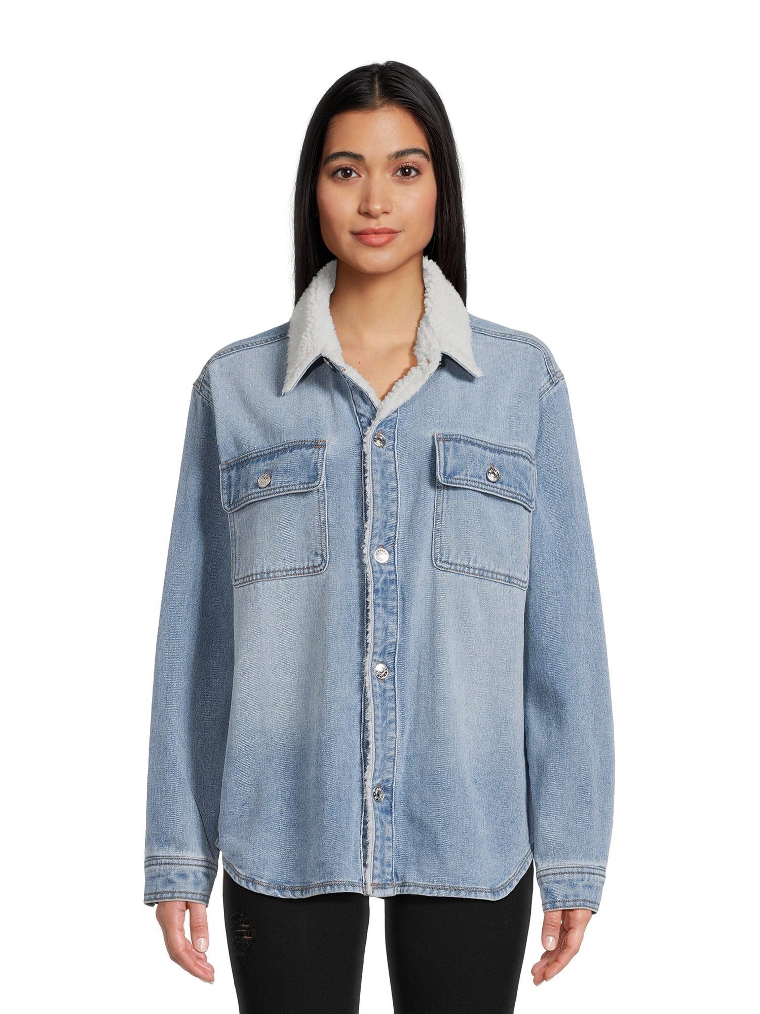 Madden NYC Juniors Faux Sherpa Denim Shirt Jacket, Sizes XS-3XL | Walmart (US)