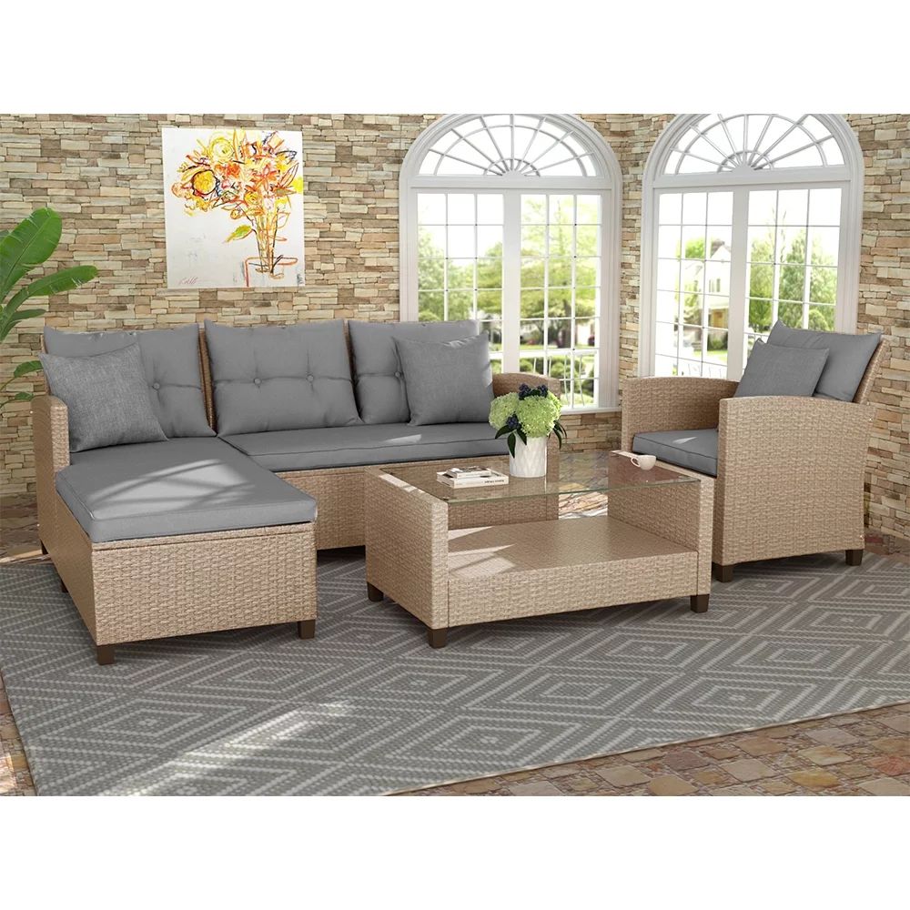 Patio Furniture Sets, 4-Piece Outdoor Sectional Sofa Set with Loveseat and Lounge Sofa, Armchair,... | Walmart (US)