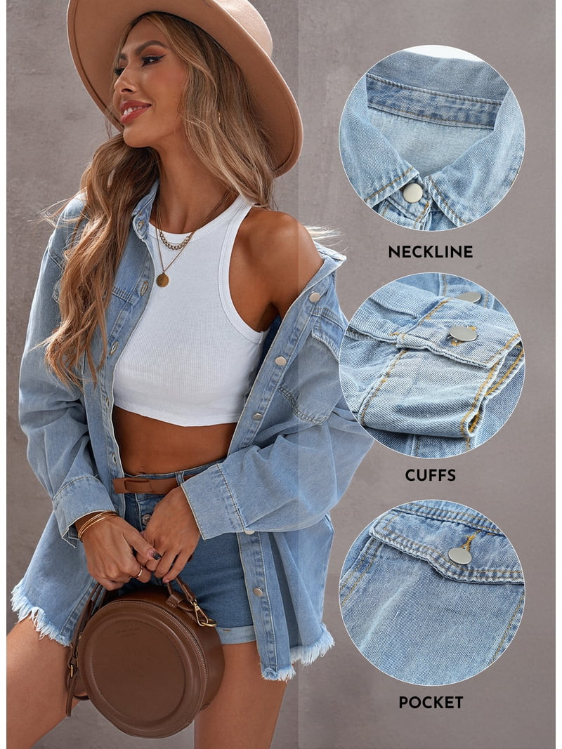 Eytino Denim Jacket for Women Long Sleeve Boyfriend Jean Jacket Loose Coat Sky Blue S Female | Walmart (US)