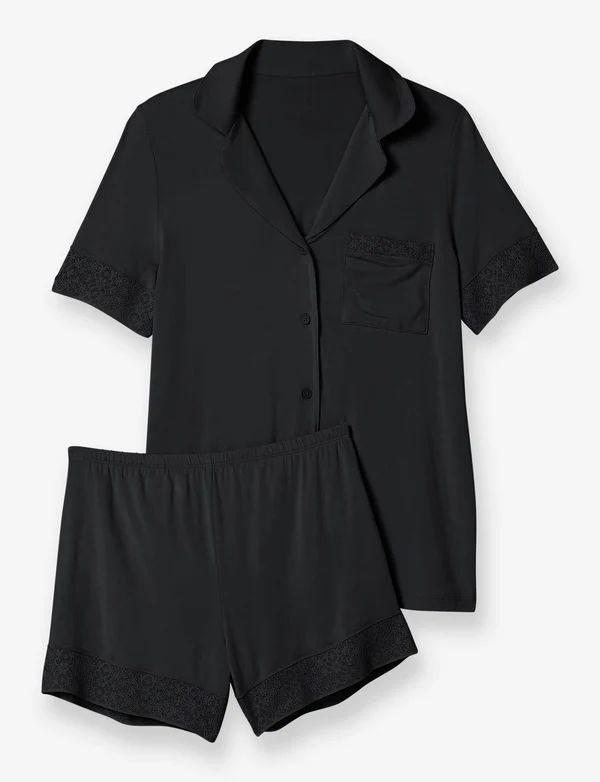 Women's Lace Trim Short Sleeve Top and Short Pajama Set, Black | Tommy John