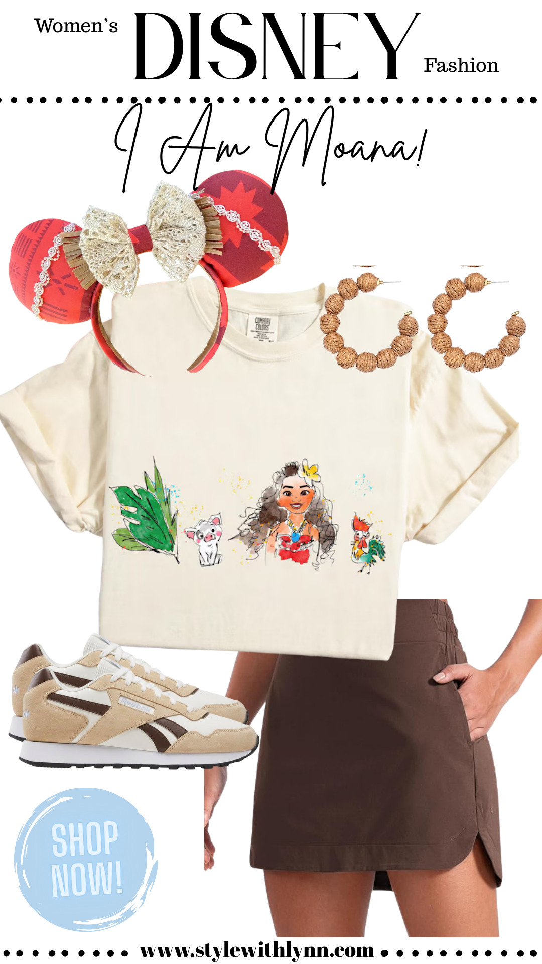 Channel your inner voyager with this Moana-inspired Disney outfit! Perfect for your next Disney World park day or Disney cruise, this look features a comfy Moana graphic tee, earthy brown skort, tropical Minnie ears, and retro Reebok sneakers for all-day magic and comfort. Finish the look with natural wood hoop earrings for that island-girl vibe. 🌴🌺

🛍️ Shop this full Disneybound outfit on my LTK — follow me @Lynns_Home&Style for daily Disney fashion finds and outfit inspo!

#MoanaOutfit #DisneyOutfitIdeas #DisneyStyle #Disneybound #LTKDisney #DisneyCruiseLook #WaltDisneyWorldFashion #StyleWithLynn #DisneyOutfitInspo #ShopDisneyStyle 

 