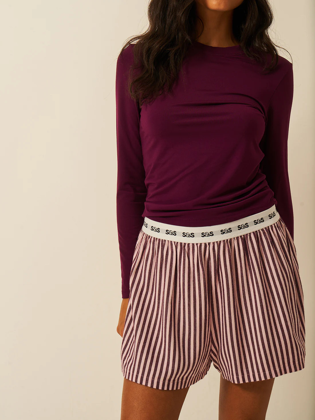 Soft Brushed Woven Pyjama Shorts - Black Cherry | ECOVERO Nightwear | Stripe and Stare