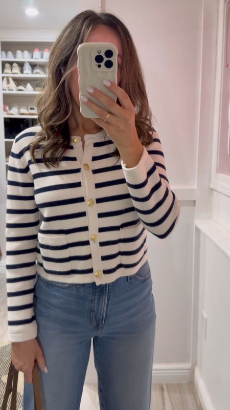 This J. crew striped sweater jacket is a favorite. tts - wearing xs.  

Wide leg jeans tts (their vintage line of jeans has been my favorite for years. They’re 👌🏼). 
Nude flats tts for me and my favorite for years. 
Bag is in medium size (exact one linked) in color deep toffee. Comes in a ton of gorgeous colors.  


#LTKitbag #LTKshoecrush #LTKstyletip