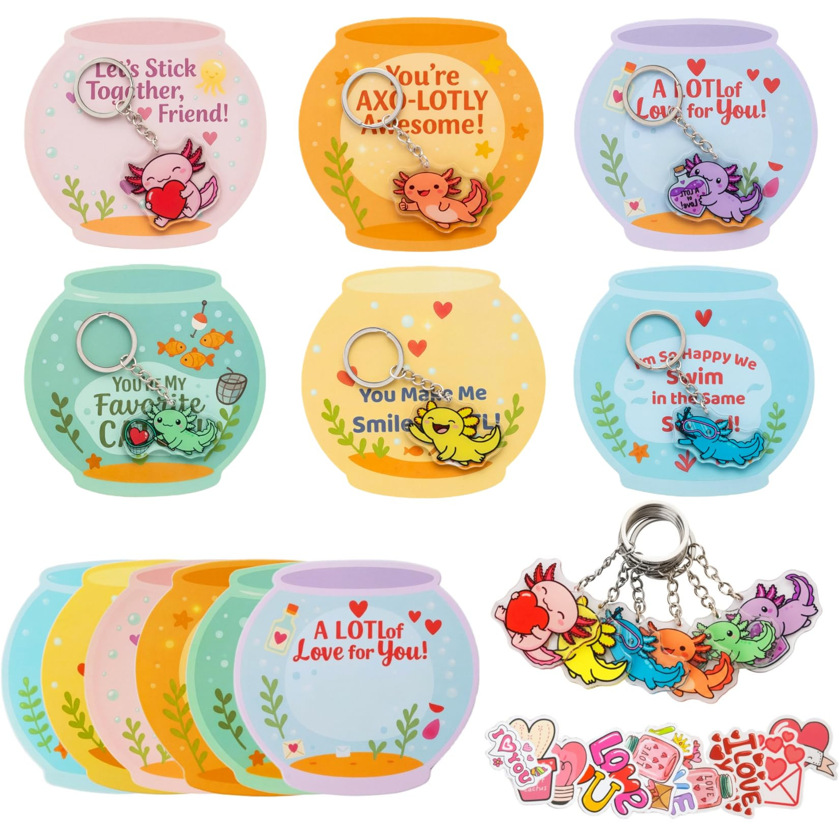 Valentines Day Gifts for Kids - 30 Pack Axolotl Keychains with Valentine Cards & Stickers - Class... | Amazon (US)