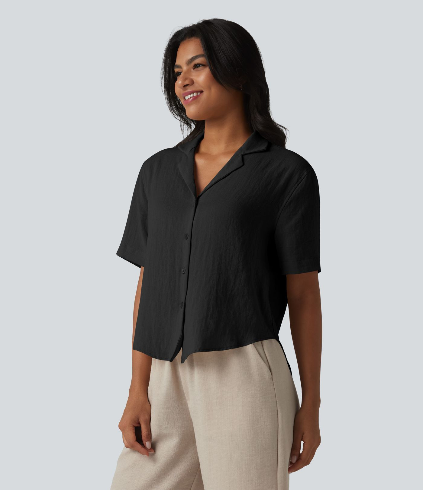 Notched Short Sleeve Relaxed Lyocell Linen-Blend Casual Shirt | HALARA