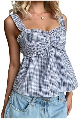 Milumia Women's Y2k Gingham Ruffle Peplum Tank Top Summer Going Out Tanks | Sleeveless, 2000s, Fr... | Amazon (US)