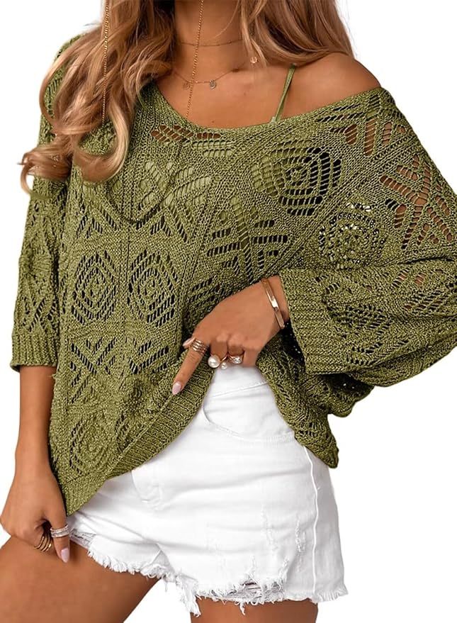 Dokotoo Women's 2024 Spring Summer Crochet Hollow Out 3/4 Sleeve Pullover Sweater Off Shoulder T-... | Amazon (US)