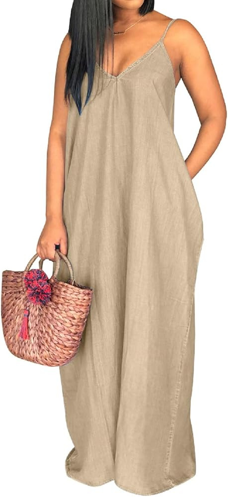 SeNight Women's Sexy Maxi Denim Dresses Casual Spaghetti Strap Striped Long Sundress Wiht Pockets | Amazon (US)