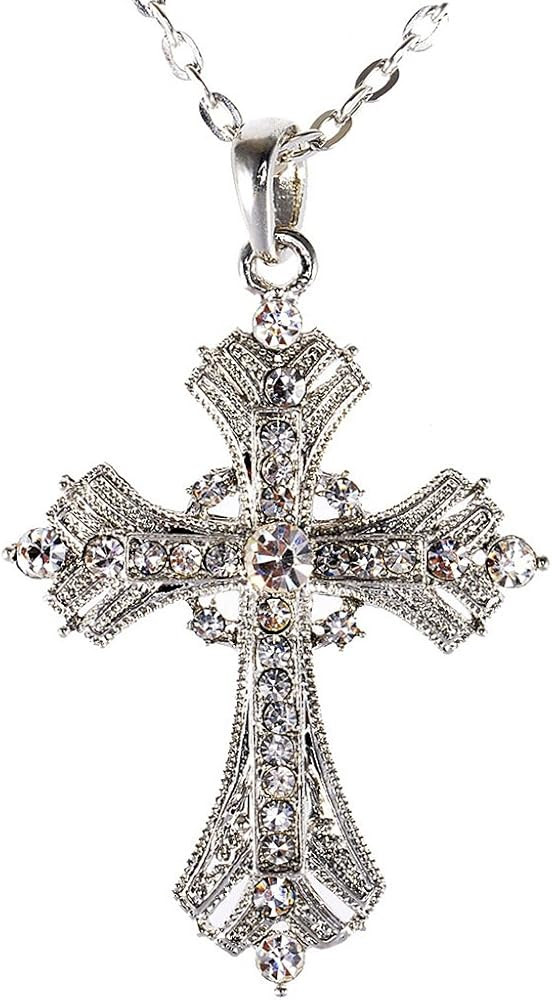 Alilang Silvery Tone Religious Cross Pendant Necklace w/Aquamarine Blue Or Clear Crystal Rhinesto... | Amazon (US)