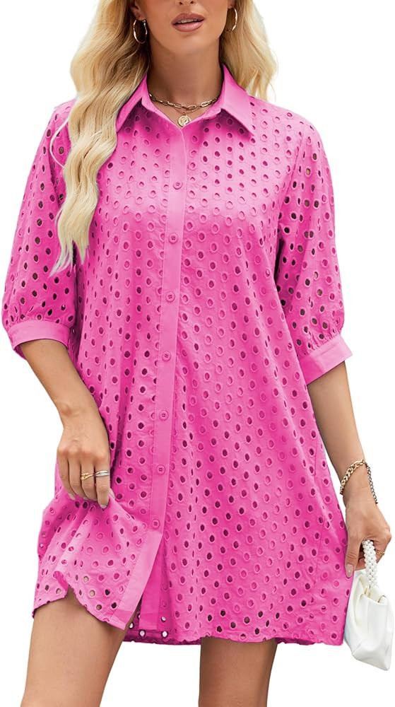 AMEBELLE Womens Summer Dress Eyelet Hollow Out Short Dresses with 3/4 Sleeves Button Down Casual ... | Amazon (US)