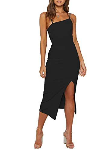 OWIN Black Dresses for Women Sexy Sleeveless Spaghetti Strap Wedding Guest Dresses Side Slit Cocktail Party Dress Black L | Amazon (US)