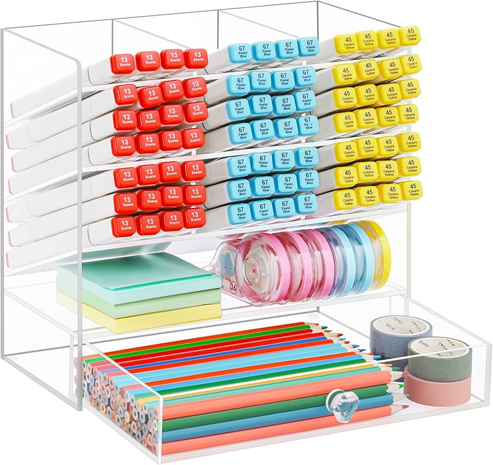 Marbrasse Clear Acrylic Desk Art Organizer with 12 Compartments, Pen Holder with Drawer for Offic... | Amazon (US)