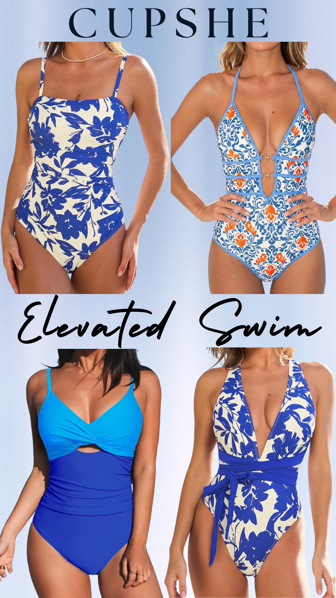 Elevated Swim by Cupshe ☀️

@Cupshe one piece swimsuits are some of the best tummy control one piece swimsuits I’ve found on Amazon that look expensive but are actually affordable (most under $50!!).

These have that elevated resort wear and poolside party look while still being comfortable, flattering, and very slimming, especially with the wrap styles, deep V cuts, and ruching through the stomach area.

These one piece swimsuits are perfect for vacations, resort trips, cruises, beach vacations, pool parties, bachelorette trips, honeymoons, spring break, and summer outfits when you want something that smooths the stomach, defines the waist, supports the bust, and looks chic and elevated.

I always look for details like ruching, wrap fronts, deep V necklines, adjustable straps, built in cups, compression fabric, and high cut legs because they hold everything in, are very flattering on the tummy area, and give that luxury swimwear look without the high price.

Brand: Cupshe
Styles: one piece swimsuit, tummy control one piece, wrap one piece, deep V one piece, ruched one piece, high cut one piece
Colors: blue, royal blue, navy blue, cobalt blue, blue and white, floral print, tropical print, color block blue

If you’re looking for flattering one piece swimsuits, resort wear swimsuits, pool party swimsuits, or affordable swimsuits that look designer, these are such good Amazon swim finds.

↓ Everything is linked! 

#LTKTravel #LTKSwim #LTKSeasonal