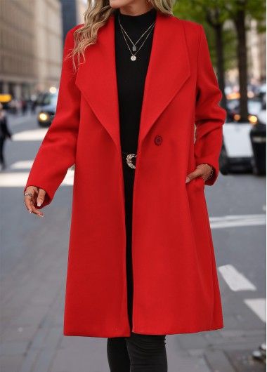 Red Button Long Sleeve Lapel Coat | modlily.com - CAD 69.74 | modlily.com