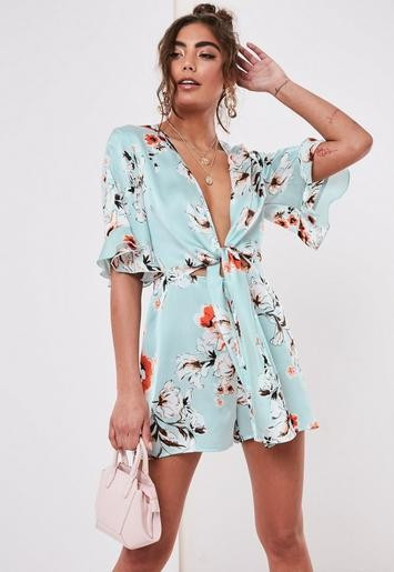 Blue Floral Frill Tie Front Romper | Missguided (US & CA)