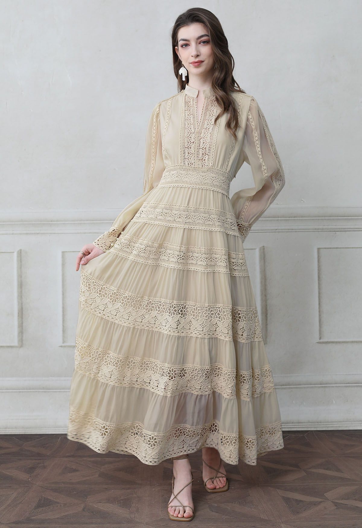 Savvy Elegance Notch Neck Floral Lace Panelled Maxi Dress in Cream | Chicwish