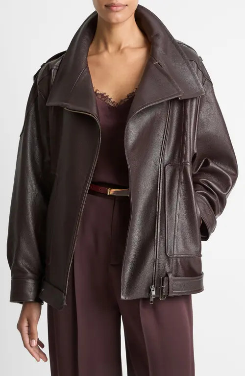 Vince Oversize Leather Biker Jacket in Dark Fig at Nordstrom, Size Small | Nordstrom