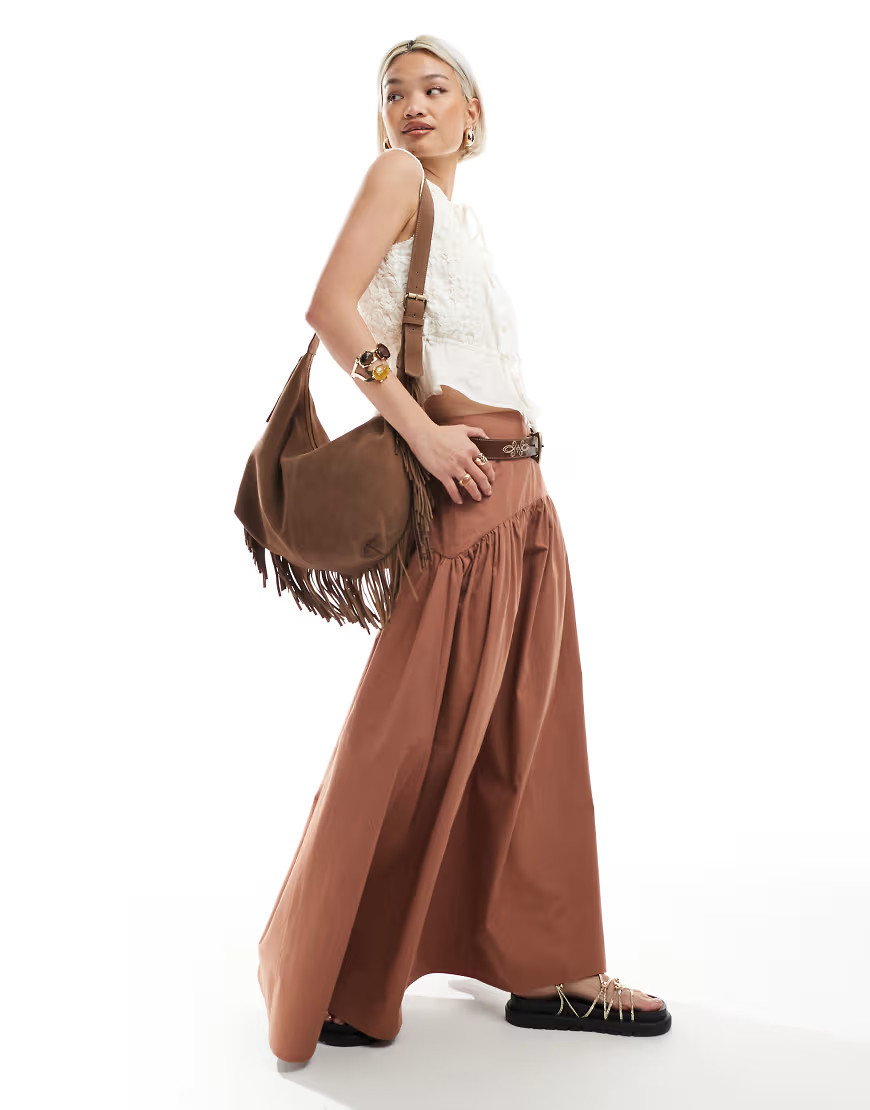 ASOS DESIGN dropped waist maxi skirt in brown | ASOS (Global)