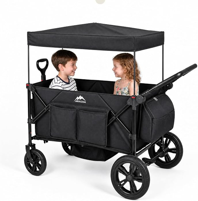 Kids Foldable Wagon Stroller for 2 Kids, Deep Seat 2 Seater Stroller Wagon with Canopy and 5-Poin... | Amazon (US)