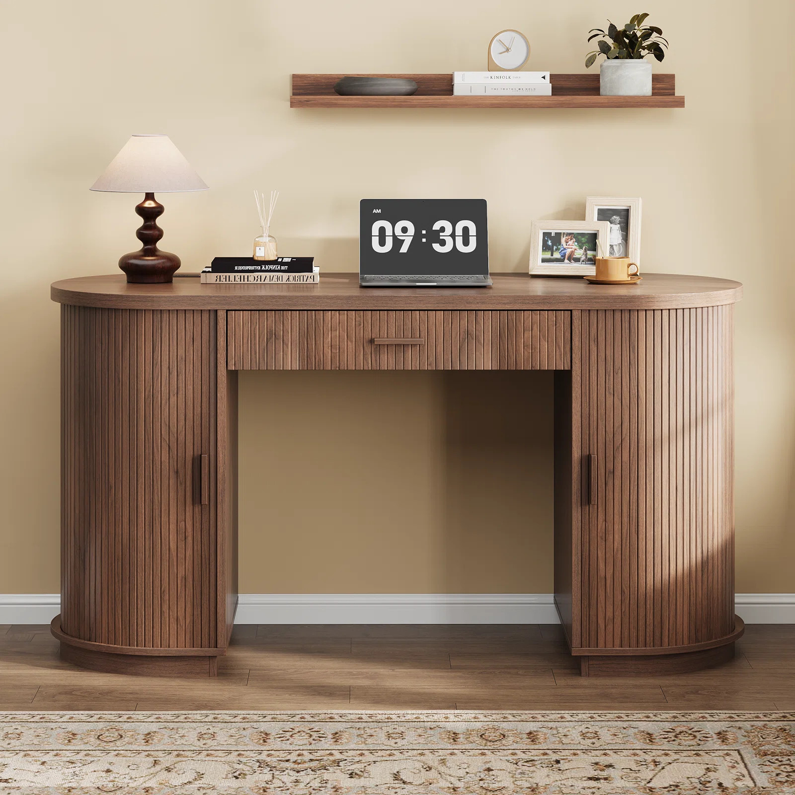 57.9'' Mid-Century Executive Desk With 2 Storage Cabinets With Tambour Sliding Doors, Wood Home O... | Wayfair North America