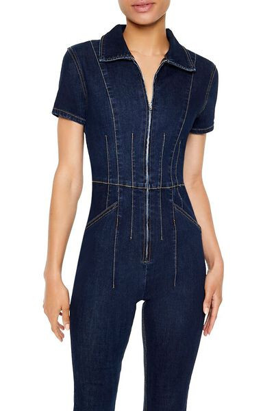 Zip-Up Denim Short-Sleeve Jumpsuit | Forever 21