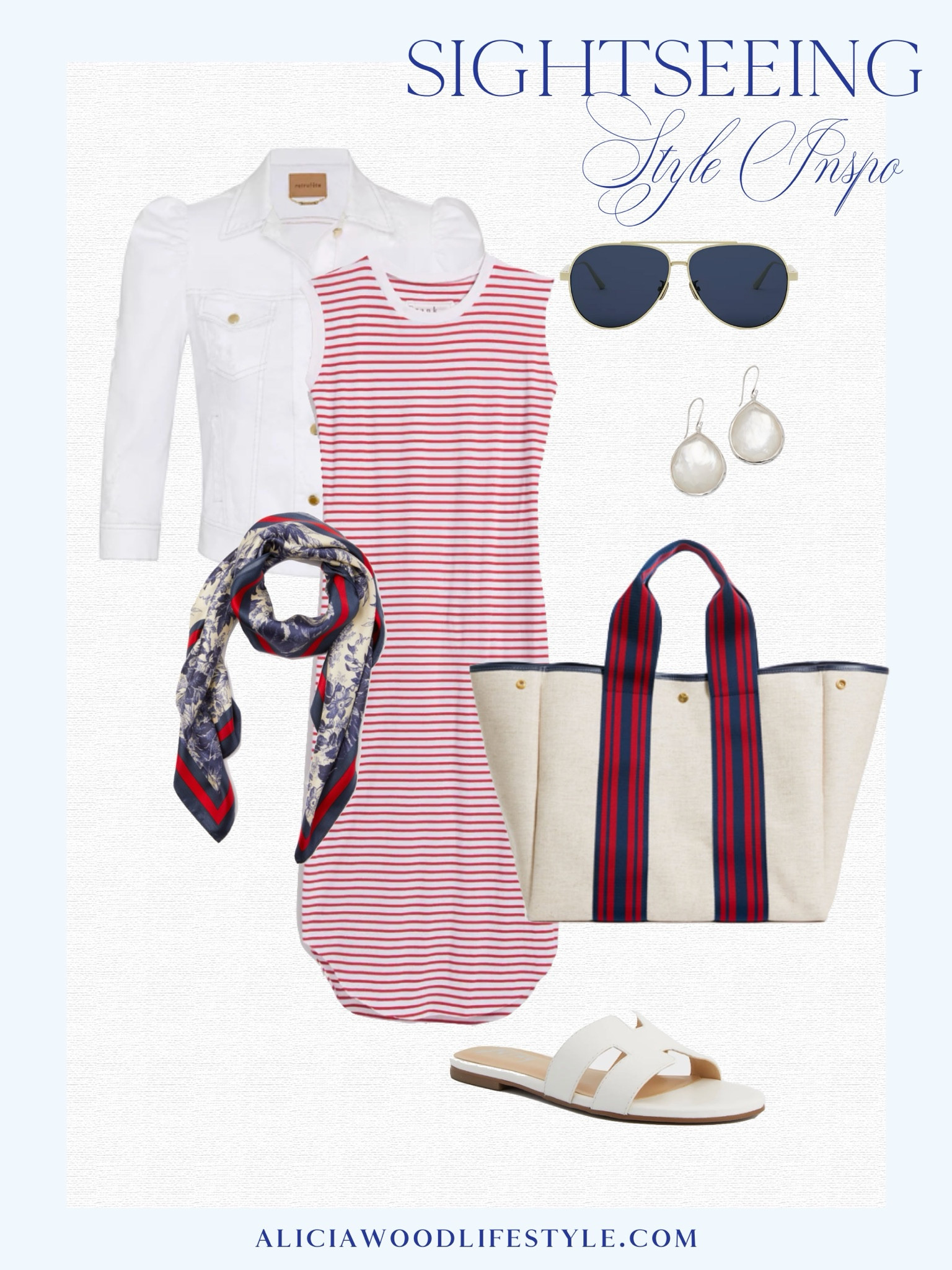 Travel outfit

White denim jacket 
White slide sandals
Dior aviator sunglasses
Striped sleeveless maxi dress
Red white and blue scarf
White cannas tote with striped detail and straps 
Drop earrings 


#LTKTravel #LTKOver40 #LTKStyleTip