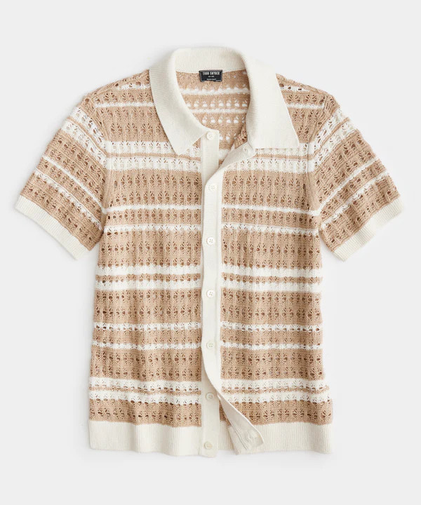 Open-Knit Stripe Full-Placket Polo in Desert Beige | Todd Snyder