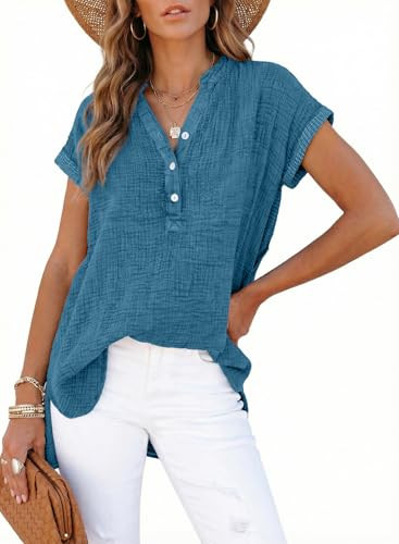 Dokotoo Women's Summer 2026 Boho Tops Casual Button Short Sleeve V Neck Shirts Solid Cotton Blous... | Amazon (US)