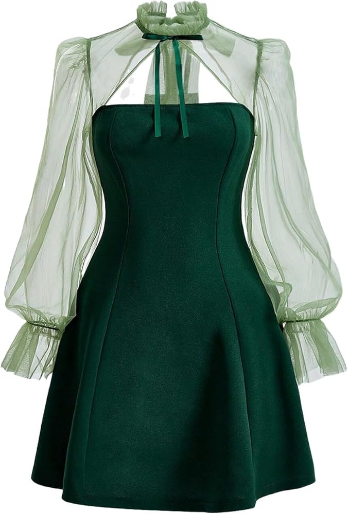 MARZXIN Elegant Dress Contrast Mesh Flare Sleeve Tie Neck Black Turtleneck Long Sleeves Dress | Amazon (US)