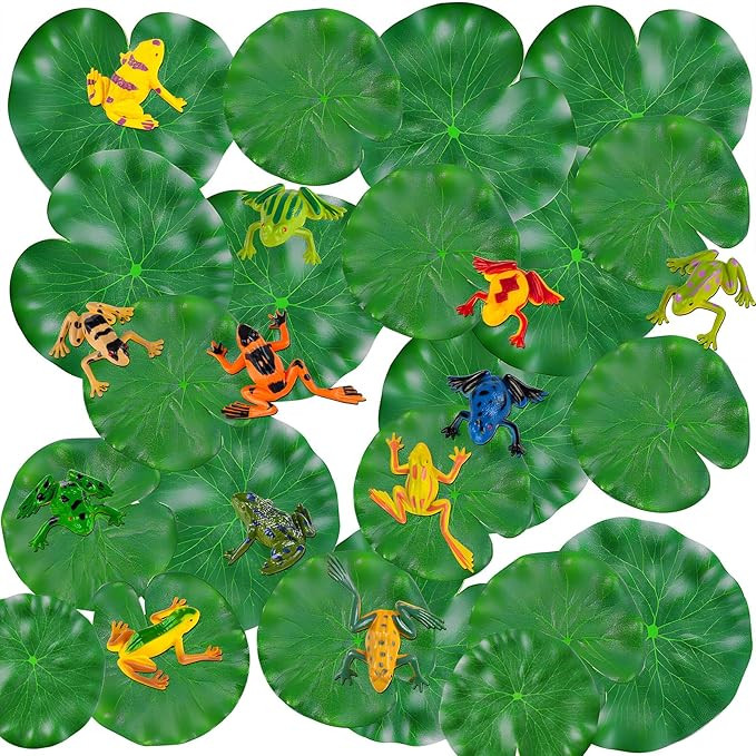 32 Packs Mini Plastic Frog Decor and Artificial Lily Pads,Include 12 Colorful Plastic Frogs and 2... | Amazon (US)