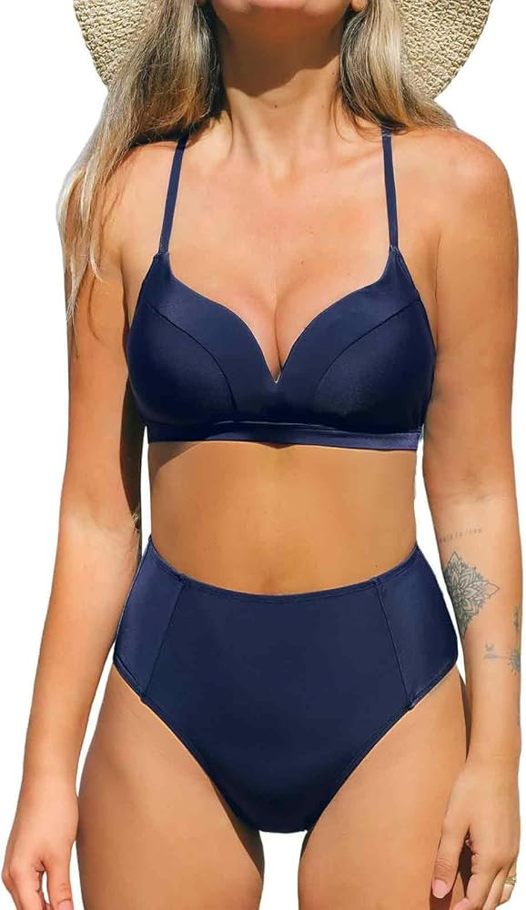CUPSHE Women's Bikini Sets V Neck Bikini Top Bathing Suit High Rise Bottoms Cross Back Drawstring... | Amazon (US)