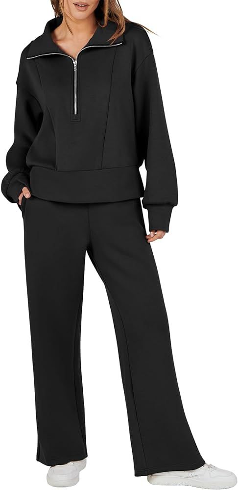 ANRABESS Womens Two Piece Outfits 2023 Fall Sweatsuit Set Half Zip Cropped Sweatshirt Wide Leg Sw... | Amazon (US)