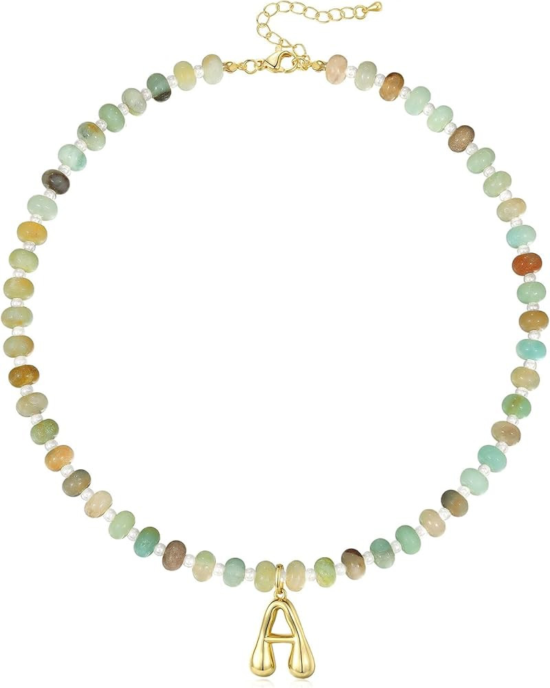 KissYan Initial Necklaces for Women, Colorful Beaded Gemstone Choker 14K Gold Bubble Letter Penda... | Amazon (US)