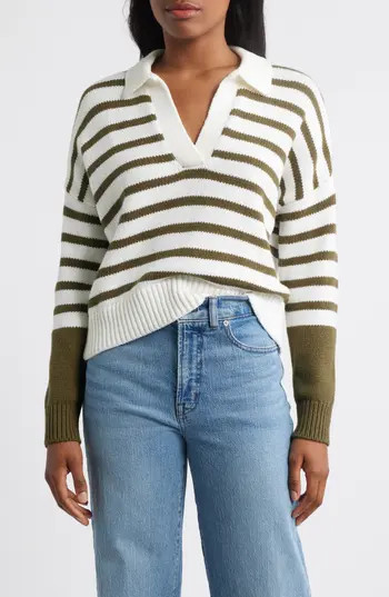 Madewell Dedham Stripe Polo Sweater in Kale And White Strip at Nordstrom Rack, Size X-Small | Nordstrom Rack
