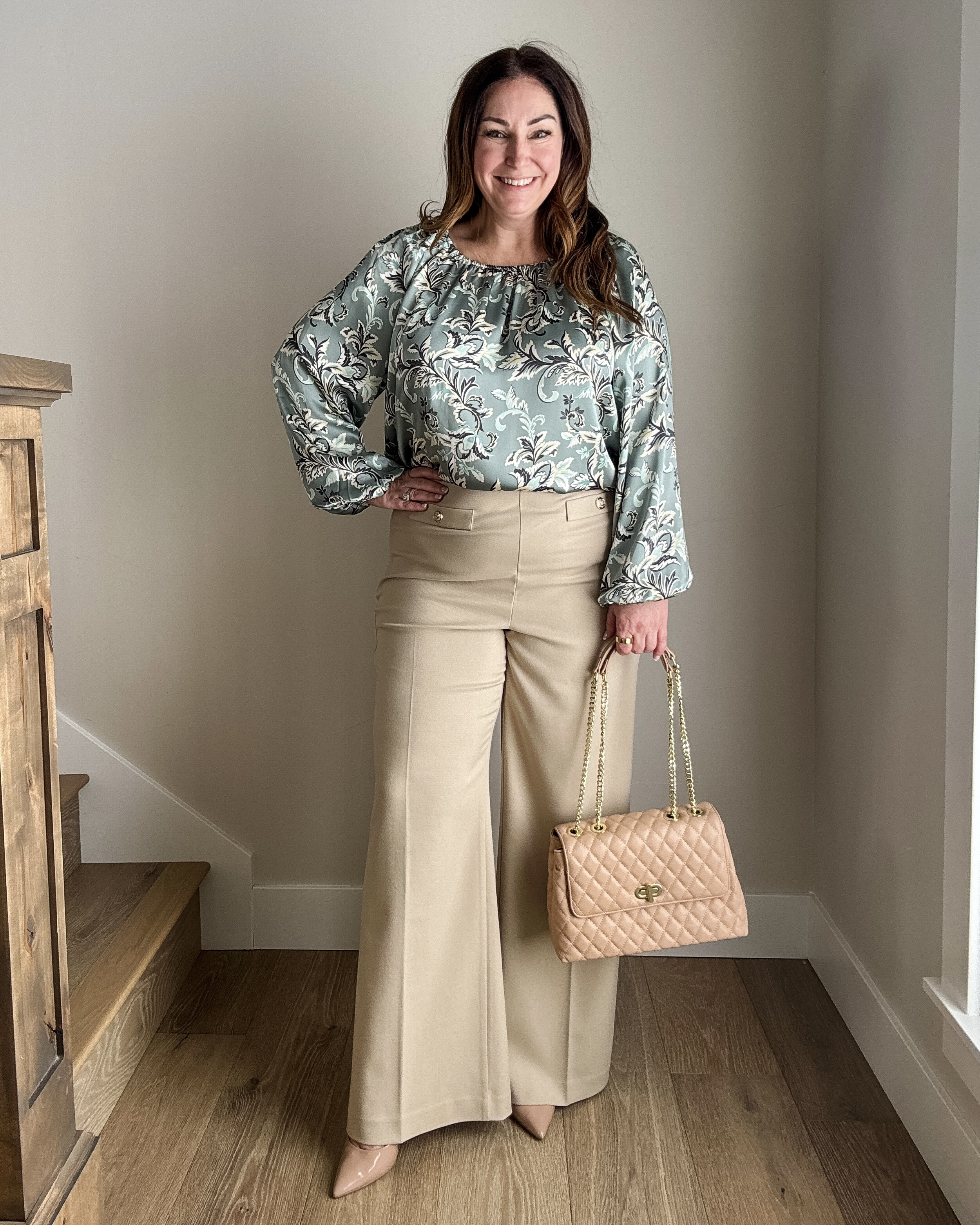 Loft Early Spring Satin Floral Sage Green Top and Wide Leg Pant Workwear Look // Fit Tips: Top, L / Pants size up these run small, 14 

 

#LTKOver40 #LTKMidsize #LTKWorkwear