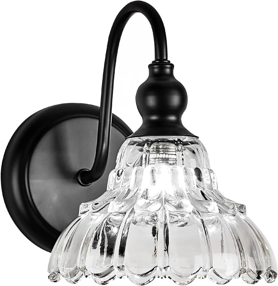 Modern Black Wall Sconce Mini Wall Light Made of Metal Body and Pressed Patterned Glass Retro Van... | Amazon (US)