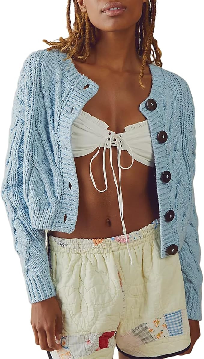 Women's Y2K Chunky Cardigan Sweater Cable Knit Long Sleeve Button Down Cropped Sweater Coat Fall ... | Amazon (US)