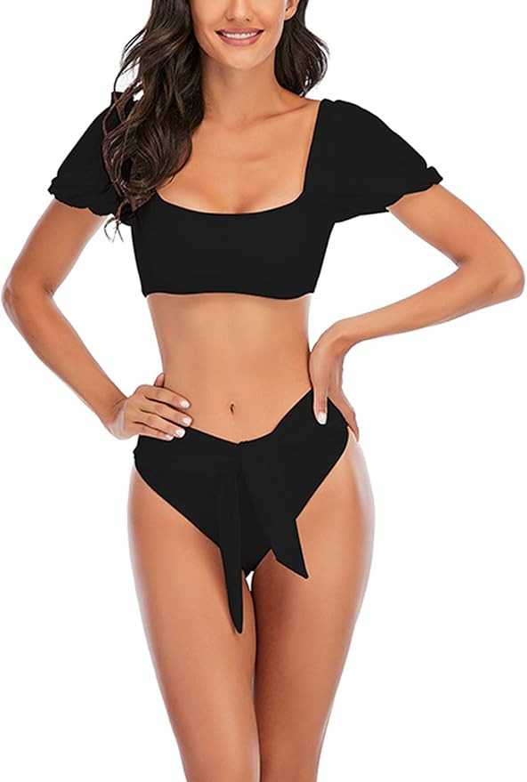 Grace&Nora Women Fashion 2-Piece Swimming Suit Puff Sleeve Lace-up Tops+Bottoms Set Stylish Bathi... | Amazon (US)