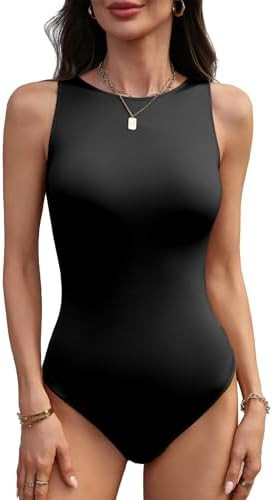 Women's Crew Neck Sleeveless Bodysuit Seamless Double-Lined Stretchy Tank Top Bodysuits for Women... | Amazon (US)