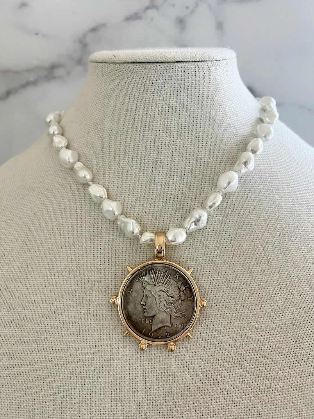 Pearl Coin Necklace Vintage Porcelain Glass Pearl Pearl Beaded Chain Hand Knotted Pearl Necklace ... | Etsy (US)