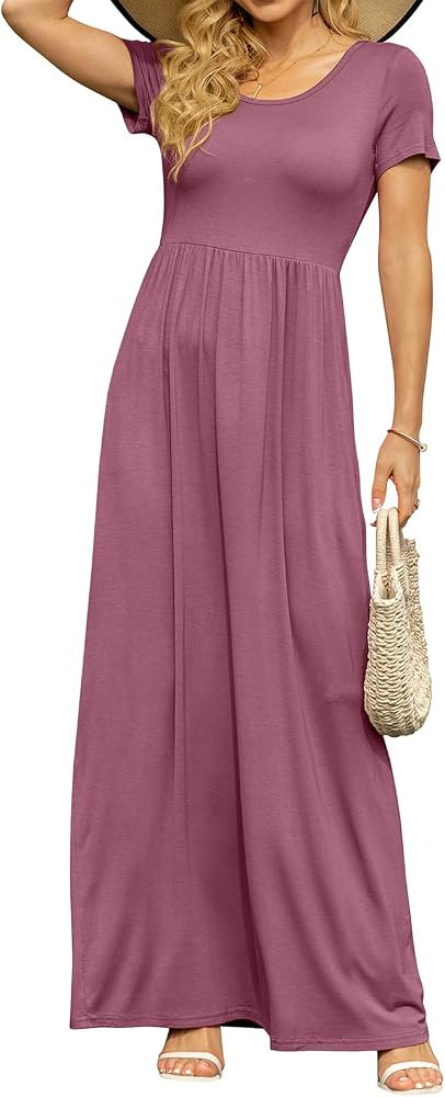 DB MOON Women's Short Sleeve Maxi Dresses Casual Empire Waist Long Dress with Pockets | Amazon (US)