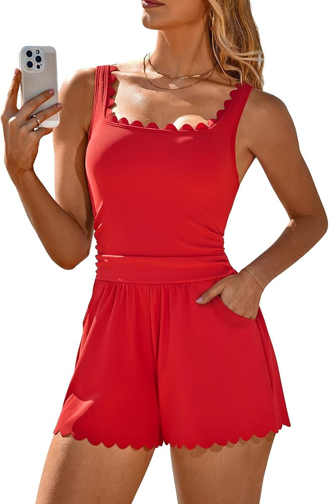 Charmo Scalloped Cute Romper Swimsuit for Women 2026 Tummy Control One Piece Bathing Suit Modest ... | Amazon (US)